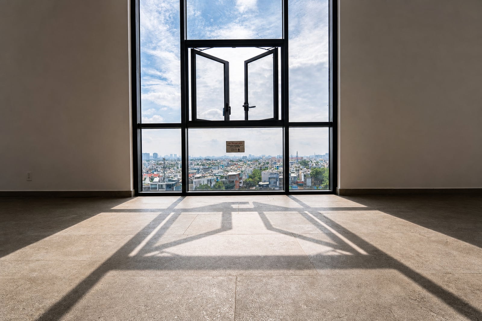 Derselbe Raum aufgehellt: Wände und Steinboden sichtbar, hinter der Fensterfront die Stadt, der Himmel neu gezeichnet.
